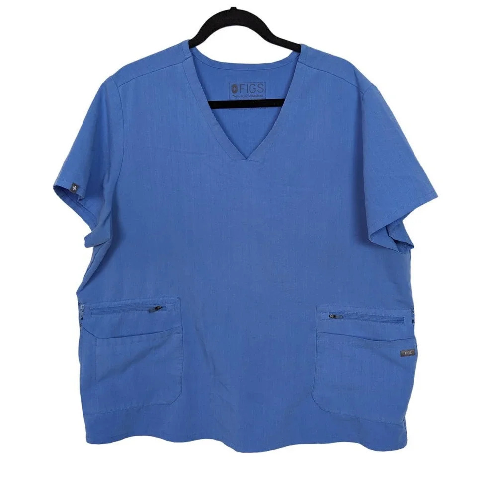 Figs Technical Collection Women XXL Blue Scrub Top Zipper Pockets Tropical Trim